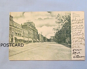 1907 Postcard, Hornellsville New York, Broad Street View, Green Ink Postcard, Vintage 1900s View, Undivided Back, Trolley Tracks