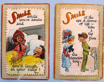 Two Comic Vintage Postcards, 'Smile' Series Cartoons by Artist Dwig, Raphael Tuck Publisher, 1910 Postmark