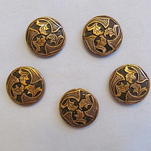 Five Pretty Vintage Buttons, Metal with Design of Leaves and Swirls, Crafts or Collection, Gift for Sewing Crafter, Please Read Description