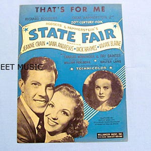 1940s Sheet Music, ‘That’s For Me’, 1945 Film ‘State Fair’, Movie Stars on Cover, Rodgers and Hammerstein, Please Read Description Below