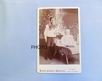 Vintage Sepia Photo of Two Children, Cabinet Card Circa 1910, Wicker Lounge Chair