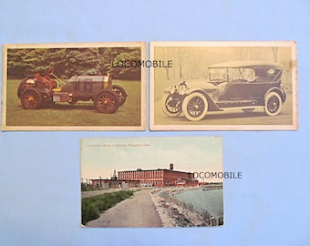 1910s Early Automobile, Locomobile Steam Car, Bridgeport CT Factory, 1915 Postcard and 2 Collector Cards
