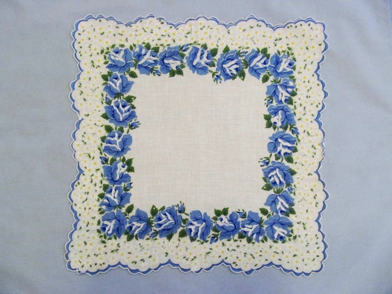 Floral Handkerchief, White Linen with Pretty Blue… - image 2