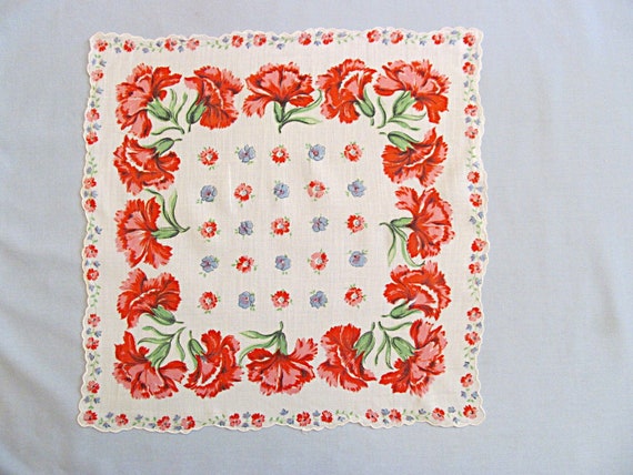 Floral Linen Handkerchief, Pink and Red Carnation… - image 1