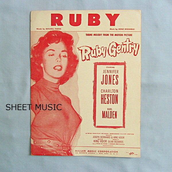 1950s Sheet Music, Movie ‘Ruby Gentry’, Jennifer Jones, Charlton Heston, Karl Malden,  1953 Film Theme Music, Very Good Condition