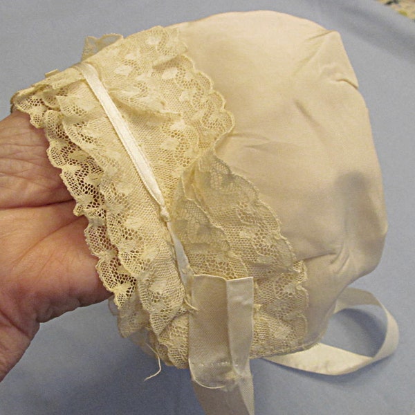 Vintage Baby Bonnet, Cream Silk Cap, Lace Ruffle Trim, Silk Ribbon Bow, Infant Baptism, Christening Hat, Heirloom Quality, Read Description