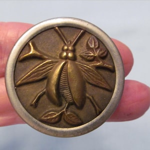May include: A round metal button featuring a raised brass-toned relief of a beetle centered on a dark background. The insect is depicted with wings and antennae, surrounded by small branch and leaf motifs. The button has a smooth, silver-toned rim.