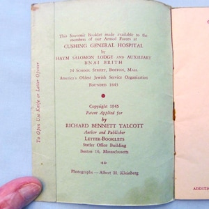 May include: Open booklet with text. The cover is light green with text in dark green and red. The text includes "CUSHING GENERAL HOSPITAL" and "Copyright 1945". The booklet is a souvenir for the Armed Forces.