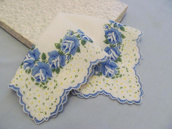 Floral Handkerchief, White Linen with Pretty Blue… - image 1