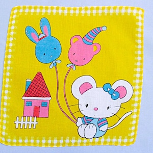 Child’s Vintage Handkerchief, Cute Cat with Balloons, Yellow Background, 1950s Children&#39;s Hankies Are Hard to Find, Good Condition