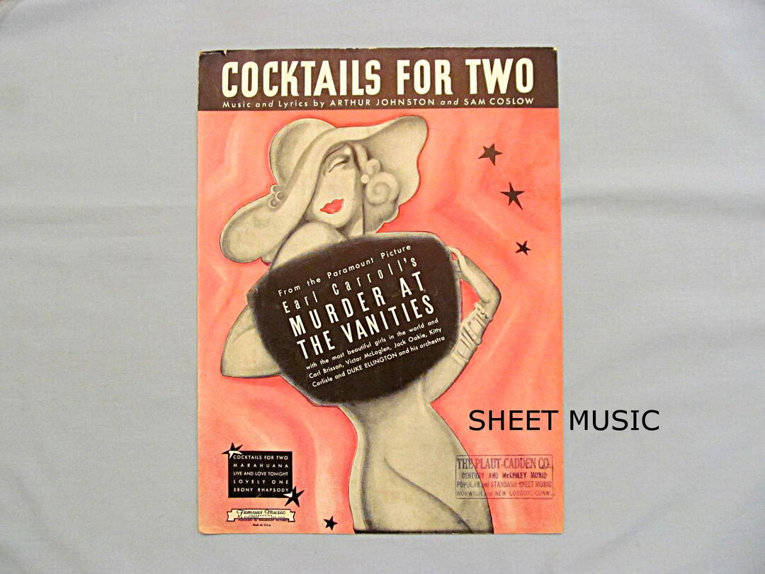 1930s Sheet Music, cocktails for Two, Movie Musical, murder at the