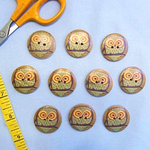 Painted Wood Owl Buttons, Set of Ten, Large Round Buttons, Drilled Sew-thru Holes, Great for Crafts or Unique Clothing, Good Condition