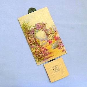 1936 Calendar, Raphael Tuck and Sons, Pretty Garden Print on Cardboard, Small Paper Monthly Calendar and Ribbon for Hanging, Good Condition