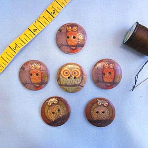 Six Unique Owl Buttons, Painted Wood, Large Round Buttons, Drilled Sew-through Holes, Great for Crafts or Unique Clothing, Good Condition