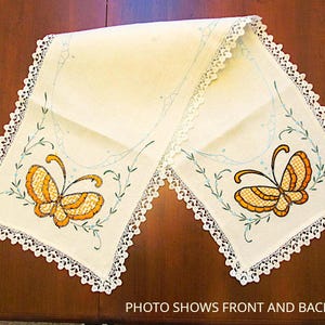 Linen Dresser Scarf, Dining Table Runner, Colorful Butterfly Embroidery, Lace Edge, 1920s Home Decor, Gift for Her, Read Description Below