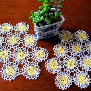 Two Vintage Doilies, Crocheted Table Mats, Yellow and White, Hand-Crochet Circular Motifs, Vintage Table Decor, Read Description Below