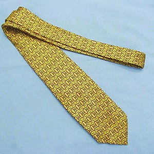 Vintage Silk Tie, Huntington Men's Necktie, Yellow-Gold Background, Black and Dark Red Pattern, Gift for Non-Binary, Very Good Condition