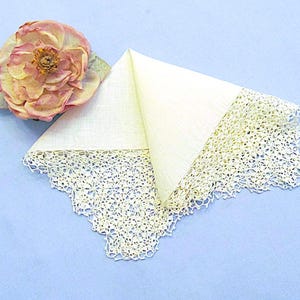 Vintage Linen and Lace Handkerchief, Beautiful Fine Crocheted Lace, Creamy White Linen, Something Old for Wedding, Very Good Condition