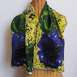Colorful Silk Scarf, Designer Vera, Vintage Ladybug Logo, Big Green and Purple Flowers, Gift for Her, Fashion Accessory, Very Good Condition