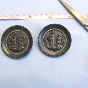 Pair Vintage Pictorial Buttons, Kate Greenaway Style, Woman with Basket and Man with Lute
