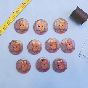 Ten Wooden Buttons, Painted Red Owl, Large Round Buttons, Drilled Sew-through Holes, Great for Crafts or Unique Clothing, Good Condition