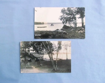 Two Real Photo Postcards, Camp Kokatosi, Raymond Maine, EKC RPPC Cards Circa 1950, Cabin in Birch Trees