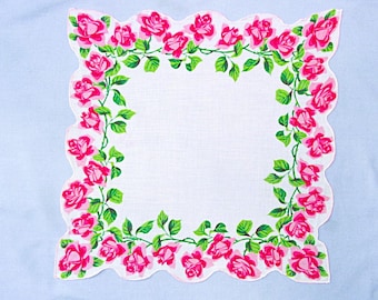 Vintage Handkerchief, Floral Linen Hanky, Pink Roses and Green Leaves, Curved Edges