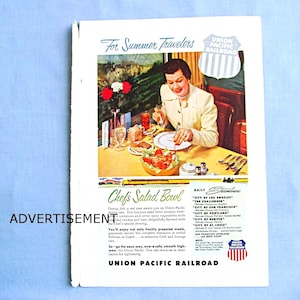 1954 Union Pacific Railroad Ad, Streamliners Train, Dining Cars with Fresh Salad Bowl, Coca Cola Ad on Reverse, Read Description Below