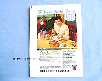 1954 Union Pacific Railroad Ad, Dining Car on Streamliners Train, Fresh Salad for Passenger