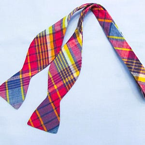 Vintage Bow Tie, Colorful Cotton Madras Plaid, Rooster Brand, Adjustable Self Tie, Classic Fashion, Non- Binary Gift,  Very Good Condition