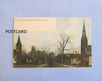 Postal antigua, New Britain, CT, sin usar, circa 1915, Franklin Square, dos iglesias y la plaza del pueblo.