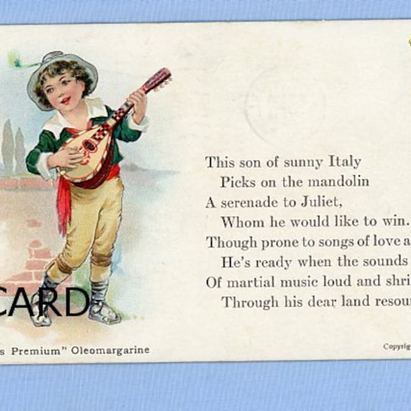 1914 Postcard, Swift’s Oleo Margarine, Advertising Postcard, Italian Flag, Young Boy with Mandolin, Vintage Collectible, Read Description