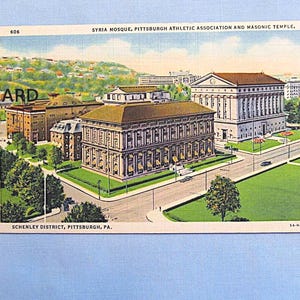 Vintage Postcard, Pittsburgh Pennsylvania, Schenley District, Syria Mosque, Masonic Temple, 1937 Aliquippa Postmark, Good Condition