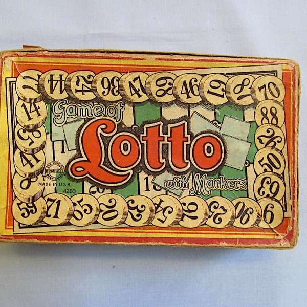 Vintage Lotto Game, Milton Bradley #4280-S, 1930s Box with Directions, Numbered Wooden Markers, Players Cards, Please Read Description