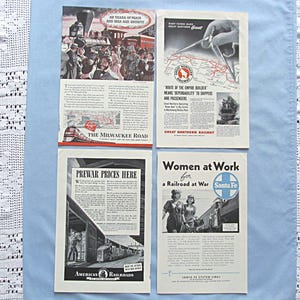 1943 Railroad Advertising, Great Northern Railway, Milwaukee Rail Road, Santa Fe System, National Geographic Ads, Very Good Condition
