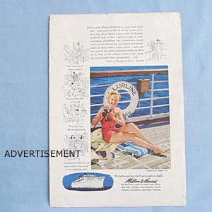 1951 Ad Page, Lurline Ocean Liner, Hawaii Vacation, Matson Lines, Cruise Ships, Sunbathing on Deck, Coke Ad on Back, Read Condition Below