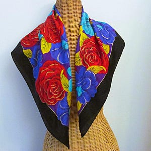 Echo Silk Scarf, Large 32-Inches Square Scarf, Colorful Flowers, Dramatic Gold Accents, Vintage Fashion Accessory, Very Good Condition