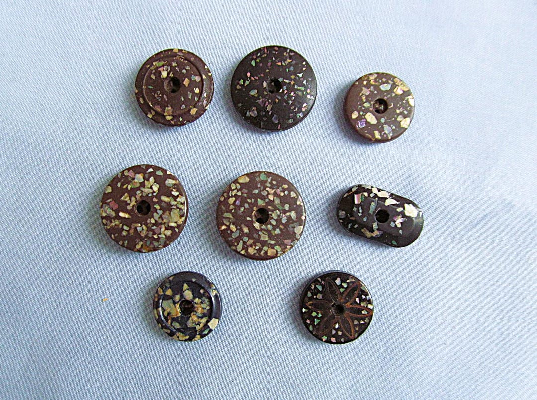 Eight Vintage Buttons, Composition Sparkle Flecks, Two-hole Whistle ...