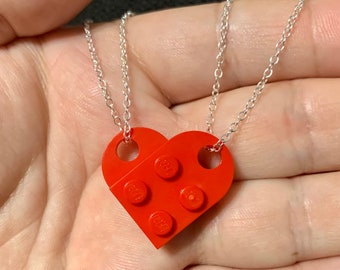 BFF 2 Piece Heart-Shaped with 2 Silver Plated Necklace Chains - made w/ real LEGO® bricks - Best Friends Forever, Couples, Relationship