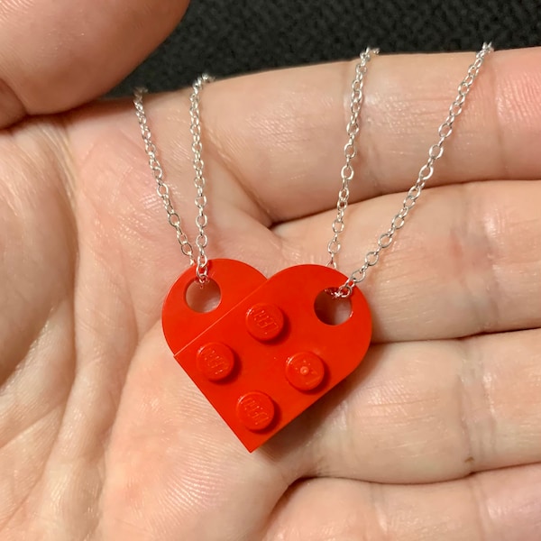 BFF 2 Piece Heart-Shaped with 2 Silver Plated Necklace Chains - made w/ real LEGO® bricks - Best Friends Forever, Couples, Relationship