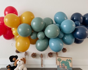 Rustic Rainbow Balloon Garland, Party Decor, Earth  Tones: Red, Mustard, Willow, Blue Slate, Navy
