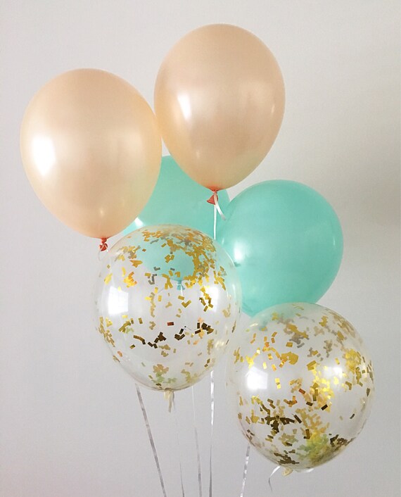 Mint Peach Gold Confetti Latex Balloons Peach And Mint Party Etsy
