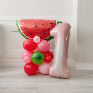 One in a Melon Balloon Tower Watermelon Party Tutti Fruity Party One in a Melon Party Balloon Column Watermelon Balloons Sweet One Party