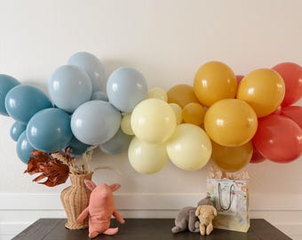 Retro Balloon Garland Kit, Muted Boho Rainbow Party Decor, Blue Yellow Burnt Orange