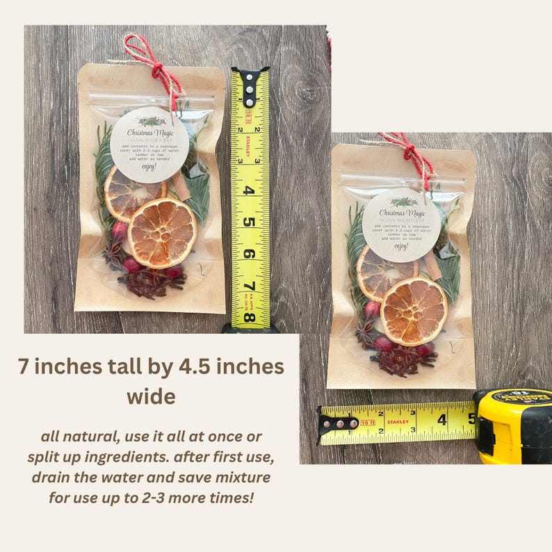 Puede incluir: Una bolsa de papel marr&oacute;n con cierre de cremallera contiene un potpourri navide&ntilde;o para hervir. La bolsa mide 17,8 cm de alto y 11,4 cm de ancho. El potpourri incluye rodajas de naranja secas, palitos de canela, an&iacute;s estrellado y bayas rojas. La bolsa est&aacute; atada con una cinta roja. El texto de la etiqueta dice "Christmas Magic Simmering Potpourri".