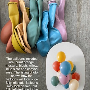 May include: A group of 10 uninflated balloons in various colors, including burnt orange, mustard, blush, willow, blue slate, and canyon rose. The balloons are shown in a pile, with the colors arranged in a rainbow pattern. The text "The balloons included are: burnt orange, mustard, blush, willow, blue slate and canyon rose. The listing photo shows how the balloons will look once fully inflated. Balloons may look darker until fully inflated due to the unique coloring - as the balloons will "stretch" to the color shown" is visible below the balloons.