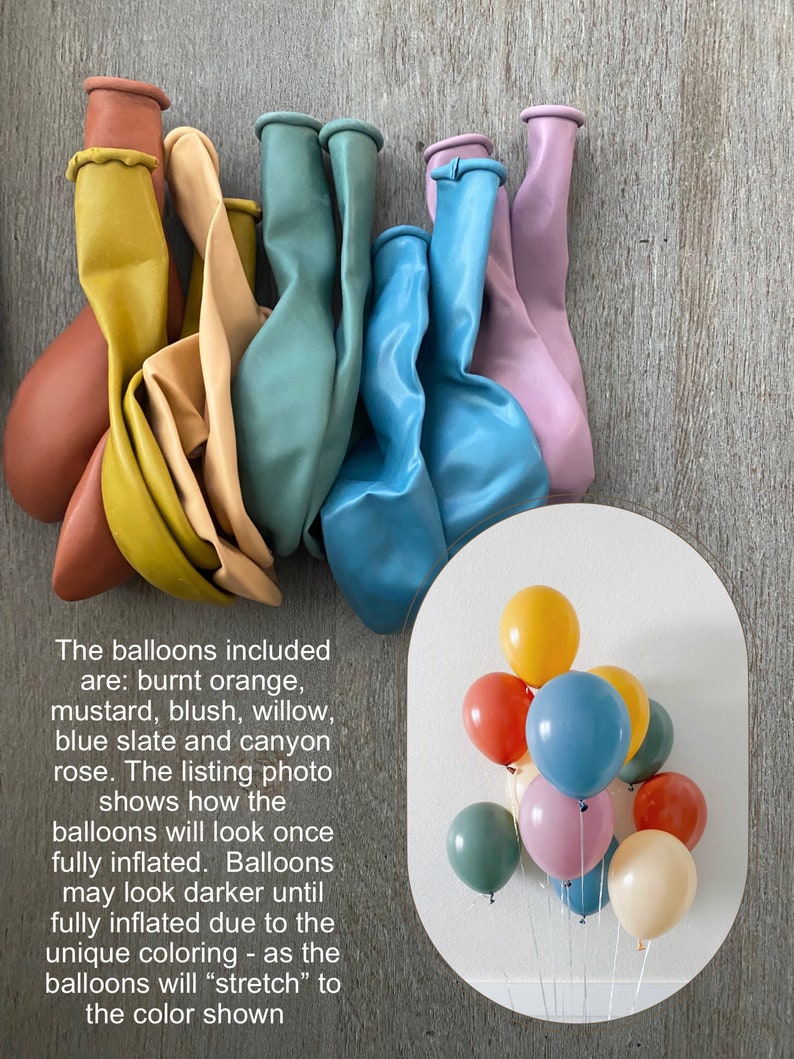 May include: A group of 10 uninflated balloons in various colors, including burnt orange, mustard, blush, willow, blue slate, and canyon rose. The balloons are shown in a pile, with the colors arranged in a rainbow pattern. The text "The balloons included are: burnt orange, mustard, blush, willow, blue slate and canyon rose. The listing photo shows how the balloons will look once fully inflated. Balloons may look darker until fully inflated due to the unique coloring - as the balloons will "stretch" to the color shown" is visible below the balloons.