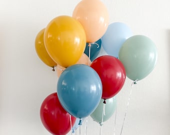 Boho Muted Party Balloons: Mustard, Blue, Mint, Red, Slate - 12 Pack