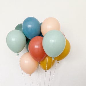 May include: A bunch of pastel colored balloons in shades of blue, green, peach, and yellow. The balloons are tied together with clear ribbon.