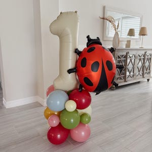 May include: A festive balloon arrangement for a first birthday celebration. The display features a large beige number "1" balloon, a red and black ladybug balloon, and a cluster of colorful balloons in various sizes and shades.